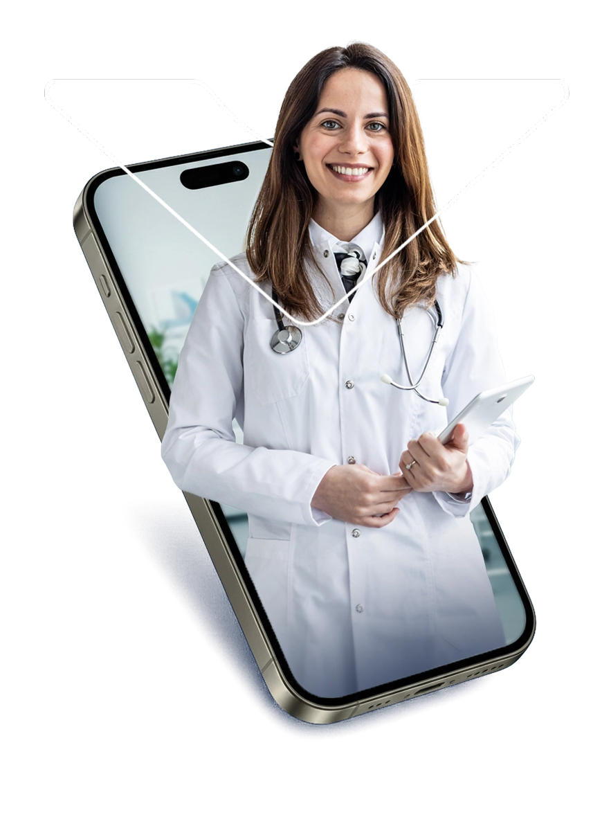 Mulher médica saindo de tela do celular representando telemedicina